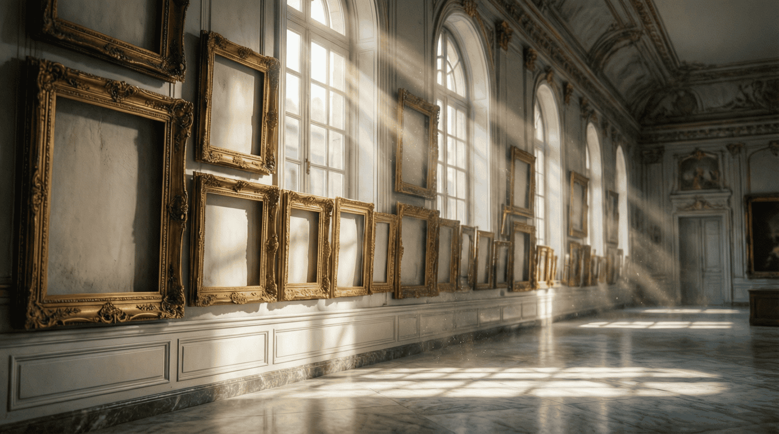 Galerie de musée française avec cadres dorés vides, symbole du débat sur la restitution des œuvres coloniales