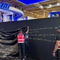Eurosatory et salons d'armement : stand israélien IAI masqué par une bâche noire au Salon du Bourget 2025