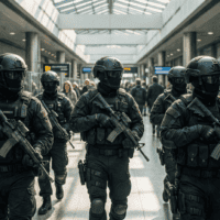 Policiers antiterroristes britanniques armés dans un aéroport, en lien avec l'affaire Palestine Action