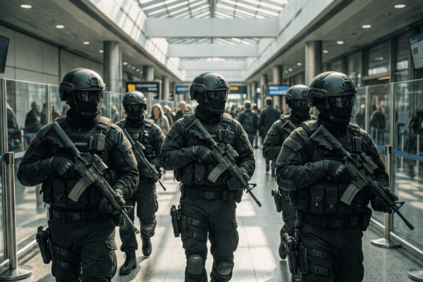 Policiers antiterroristes britanniques armés dans un aéroport, en lien avec l'affaire Palestine Action