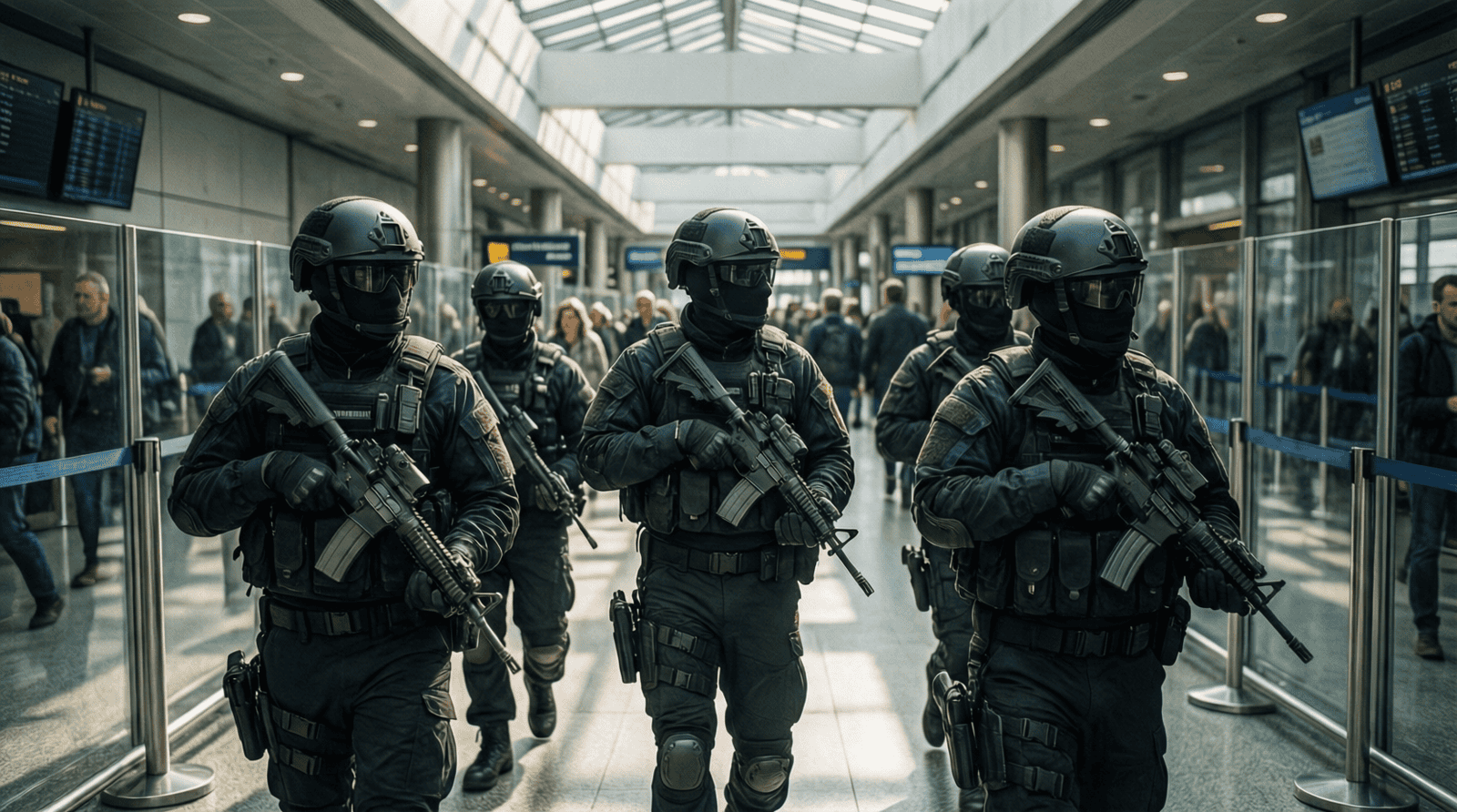 Policiers antiterroristes britanniques armés dans un aéroport, en lien avec l'affaire Palestine Action