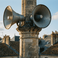 Haut-parleurs sur un minaret diffusant l’appel à la prière dans l’espace public au-dessus des toits français
