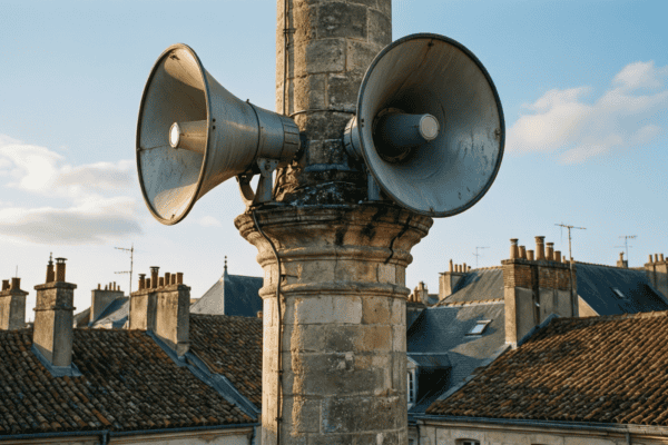 Haut-parleurs sur un minaret diffusant l’appel à la prière dans l’espace public au-dessus des toits français