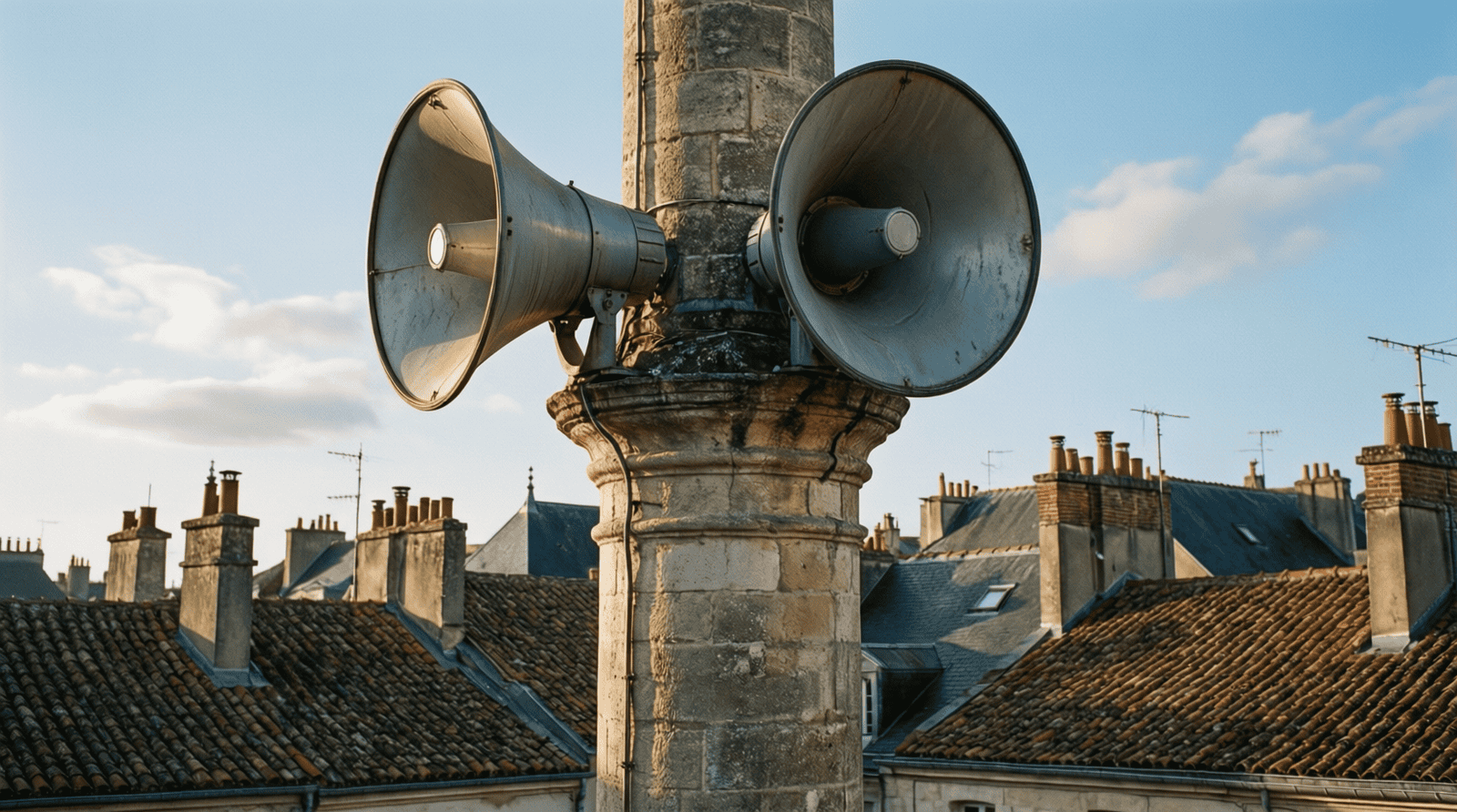 Haut-parleurs sur un minaret diffusant l’appel à la prière dans l’espace public au-dessus des toits français
