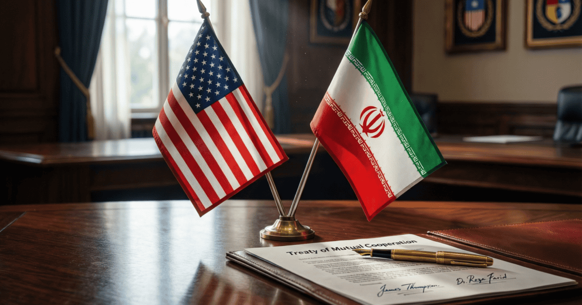 Drapeaux américain et iranien côte à côte sur une table de signature, illustration de l'accord Trump Iran