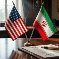 Drapeaux américain et iranien côte à côte sur une table de signature, illustration de l'accord Trump Iran