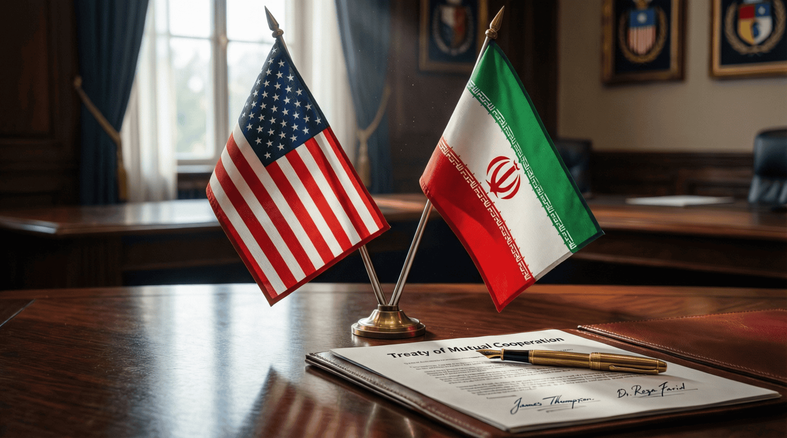 Drapeaux américain et iranien côte à côte sur une table de signature, illustration de l'accord Trump Iran