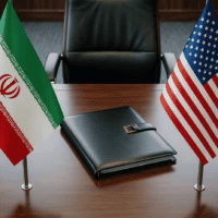 Drapeaux iranien et américain sur un bureau de négociation diplomatique, accord Iran Trump 2026