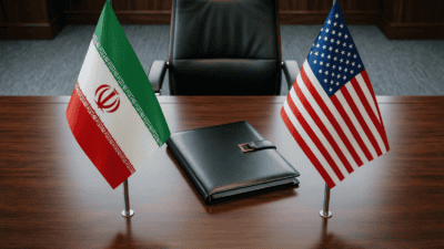 Drapeaux iranien et américain sur un bureau de négociation diplomatique, accord Iran Trump 2026