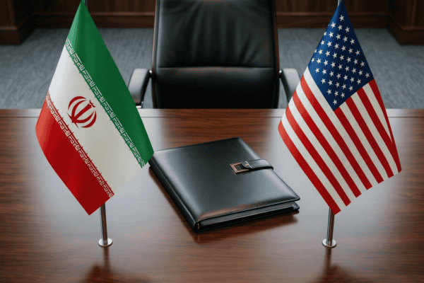 Drapeaux iranien et américain sur un bureau de négociation diplomatique, accord Iran Trump 2026