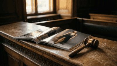 Magazine de presse ouvert sur le banc d'un tribunal correctionnel — condamnation d'Erik Tegnér