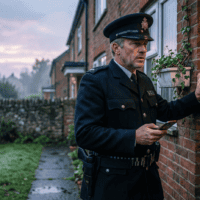 Liberté d'expression au Royaume-Uni : un policier britannique à la porte d'un domicile, smartphone en main