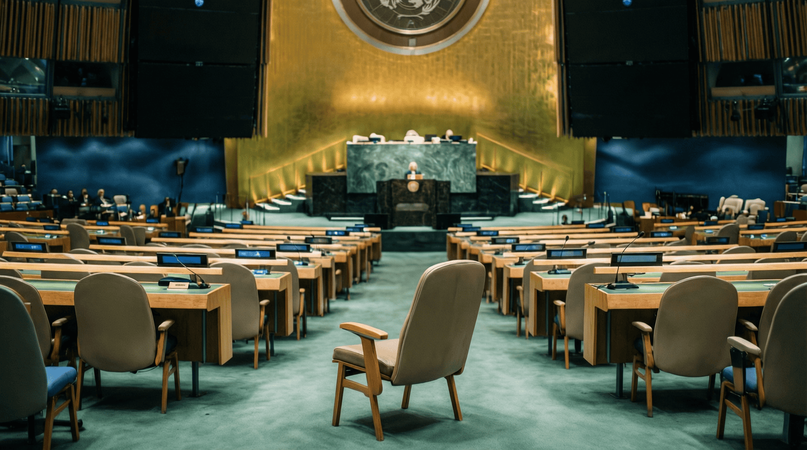 Hémicycle de l’Assemblée générale des Nations unies, un siège de délégation vide au premier plan, sur fond du vote commenté par la mission France ONU Genève