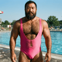 Un homme au corps masculin porté sur un maillot de bain de femme, illustration de la femme trans admise à la piscine Marzili de Berne
