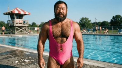 Un homme au corps masculin porté sur un maillot de bain de femme, illustration de la femme trans admise à la piscine Marzili de Berne