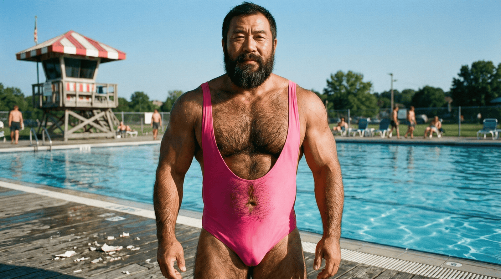 Un homme au corps masculin porté sur un maillot de bain de femme, illustration de la femme trans admise à la piscine Marzili de Berne