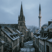 Clocher et minaret dans le même paysage européen, illustration du choc des civilisations
