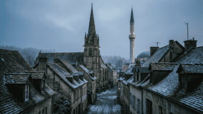 Clocher et minaret dans le même paysage européen, illustration du choc des civilisations
