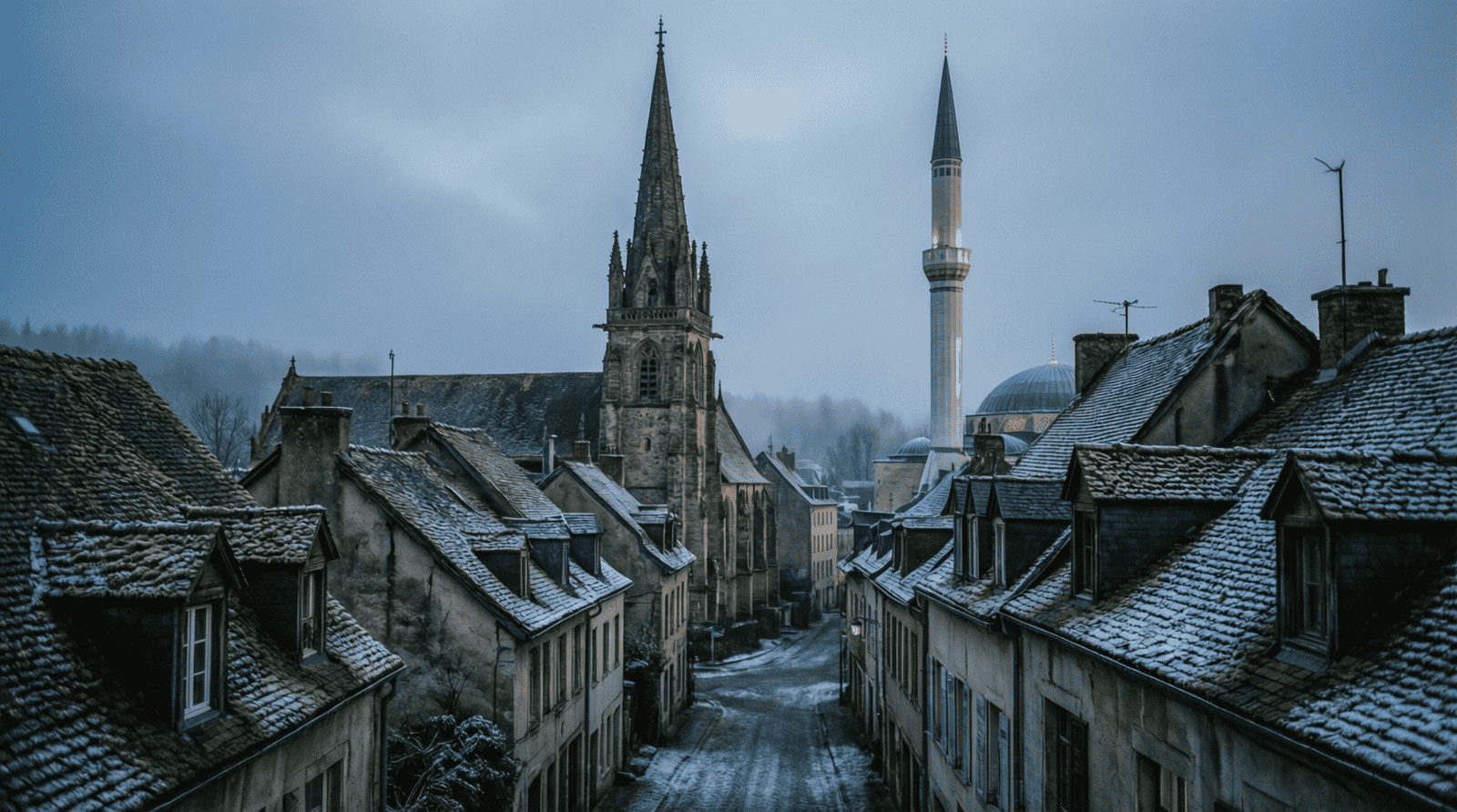 Clocher et minaret dans le même paysage européen, illustration du choc des civilisations