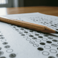 Grille de réponses à choix multiples et crayon, illustrant l’examen civique obligatoire pour les étrangers