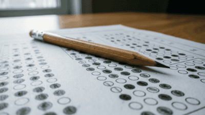 Grille de réponses à choix multiples et crayon, illustrant l’examen civique obligatoire pour les étrangers